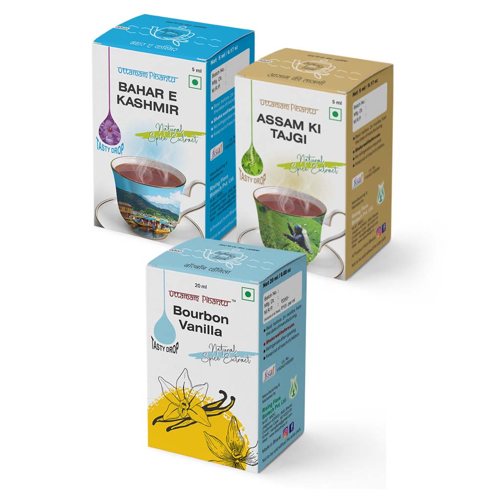 Combo Pack of Bahar e Kashmir | Assam Ki Tajgi | Bourbon Vanilla | 2x5ml, 1x20ml 180 Drops Each | Premium Spice & Flavor Extracts