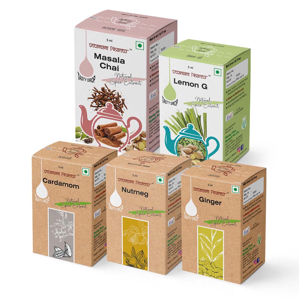 Combo Pack of Masala Chai | Lemon G | Cardamom | Nutmeg | Ginger | 5ml, 180 Drops Each | Premium Spice & Herbal Extracts for Teas and Culinary Delights