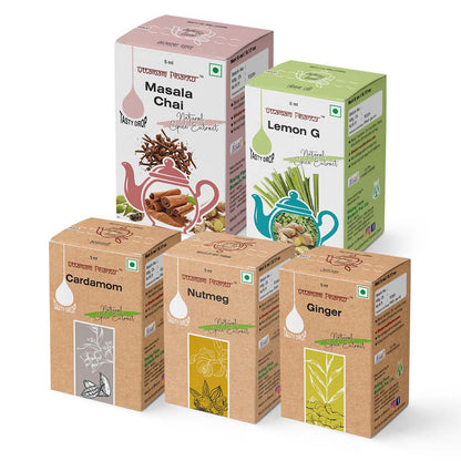 Combo Pack of Masala Chai | Lemon G | Cardamom | Nutmeg | Ginger | 5ml, 180 Drops Each | Premium Spice & Herbal Extracts for Teas and Culinary Delights
