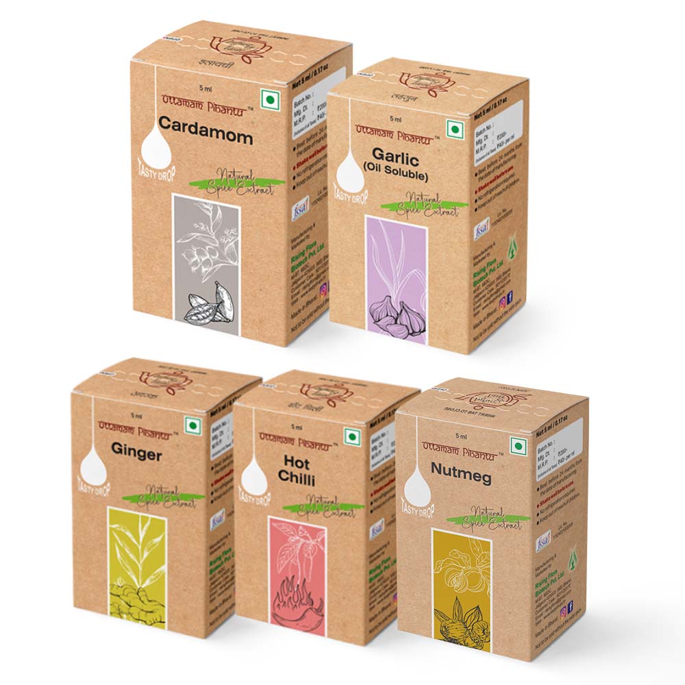 Combo Pack of 5 Spice Extract Drops – Cardamom, Ginger, Nutmeg, Garlic, Hot Chilli (5 x 180 Drops)